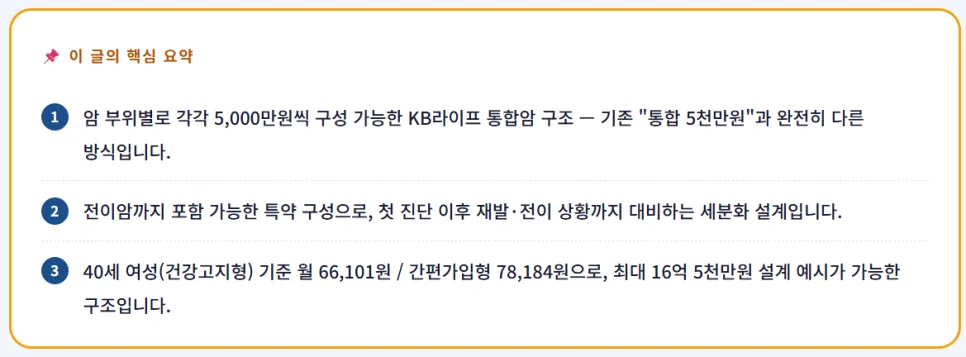 KB라이프 통합암보험 2026: 40세 여성 전이암 최대 16.5억 보장 분석 2