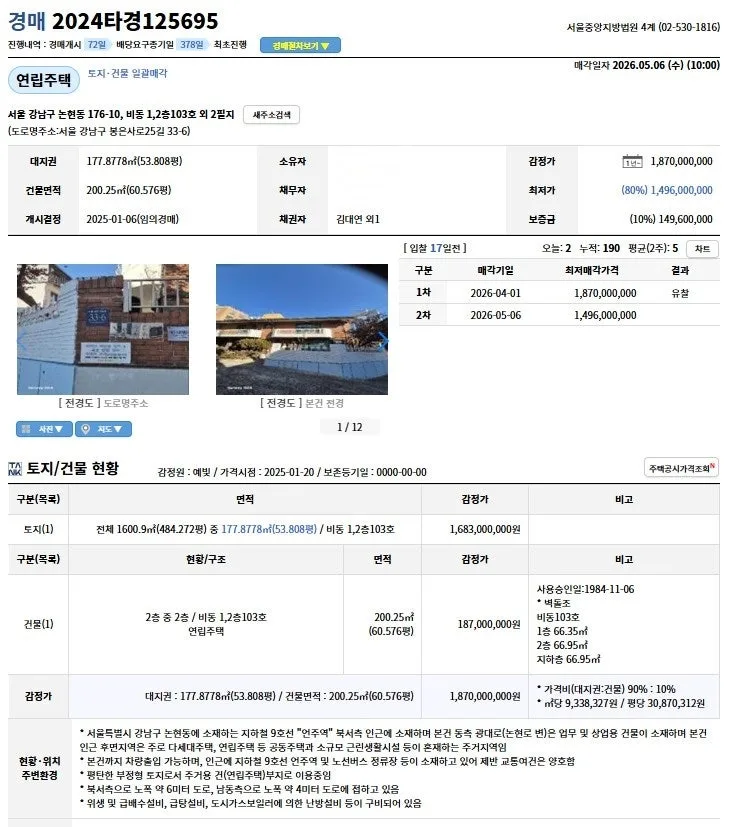 논현동 현대빌라 경매, 2026년 낙찰가 분석 및 투자 전략 2