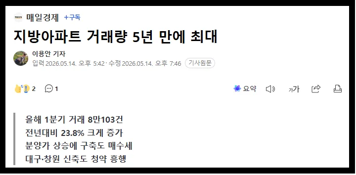 지방 아파트 시장 회복 신호 2026: 미분양 감소와 거래량 증가 분석
