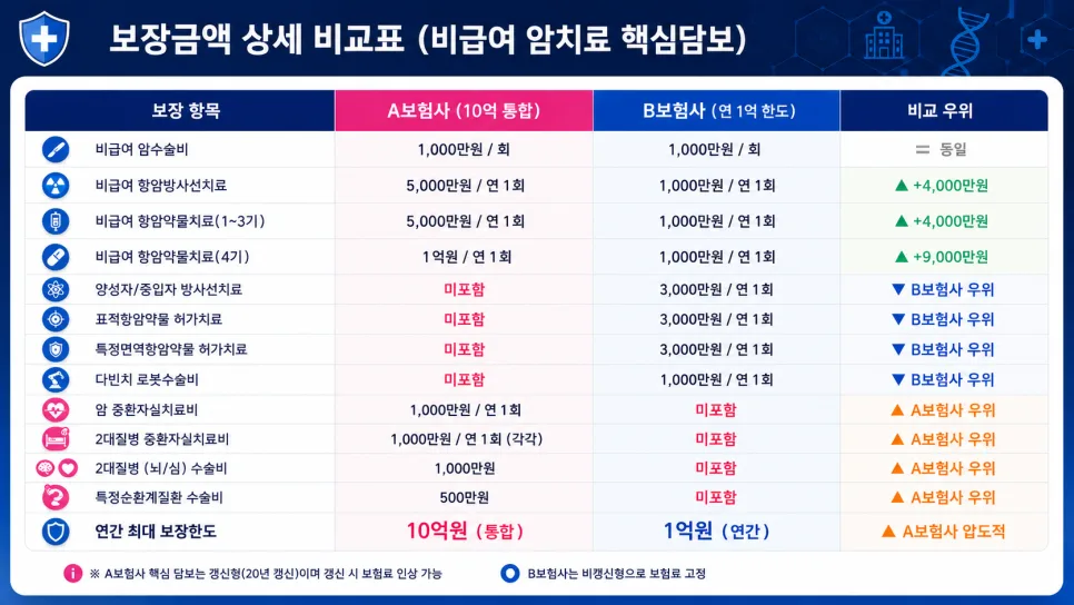 비급여 암치료비 보험 2026년 비교: A사 10억 vs B사 1억 장단점 분석 2
