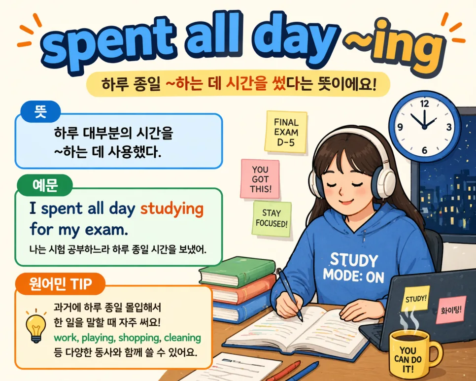 하루 종일 영어로 말하는 법: spent all day ~ing 활용 2026 — 어학·외국어 — crenberry1