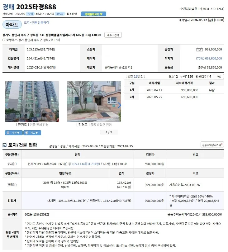 용인 성복동 LG빌리지6차 경매, 2026년 6억대 아파트 낙찰 전략 2