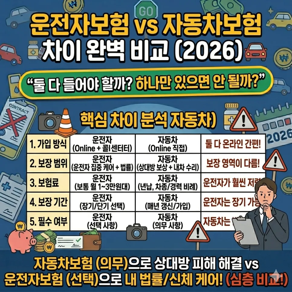 운전자보험 vs 자동차보험, 2026년 필수 비교와 차이점 총정리