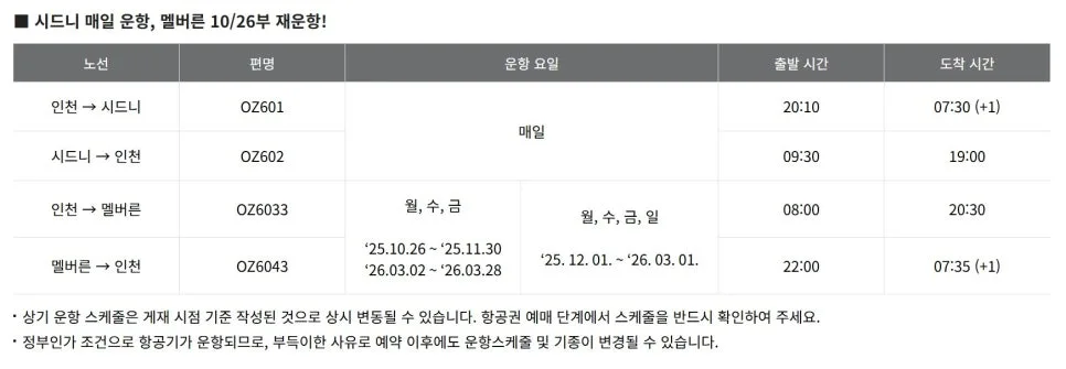 멜번 직항 재개 2026: 아시아나항공 운항 정보 총정리 3