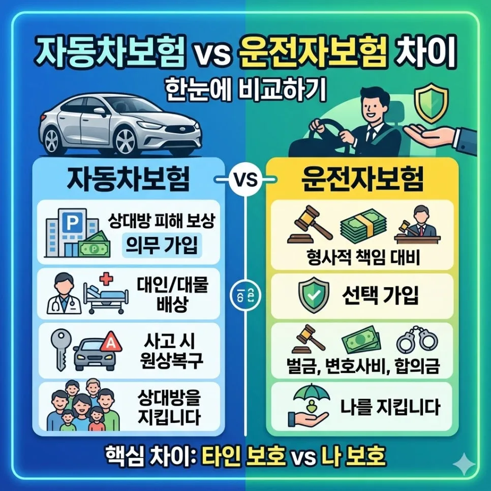 자동차보험 vs 운전자보험 2026년 핵심 차이 및 필수 가입 전략