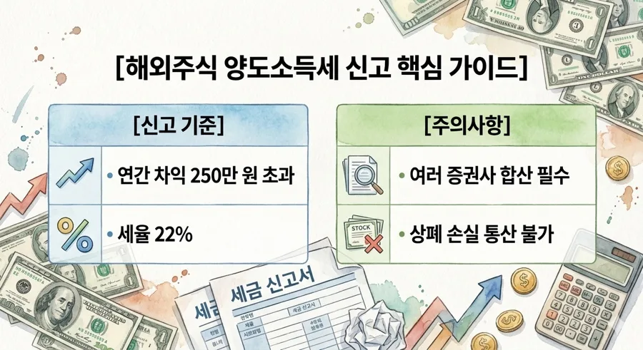 해외주식 양도세 2026년 신고 완벽 가이드: 250만원 초과 시 필수! 2