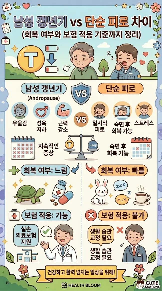 남성 갱년기 vs 단순 피로 구분법 2026: 회복 여부와 보험 적용 기준