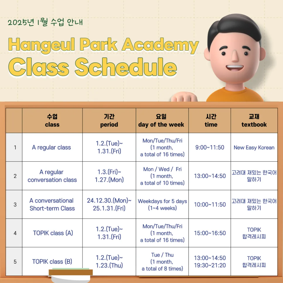 2025년 1월 한국어 수업, 한글파크아카데미 과정별 완벽 분석 2