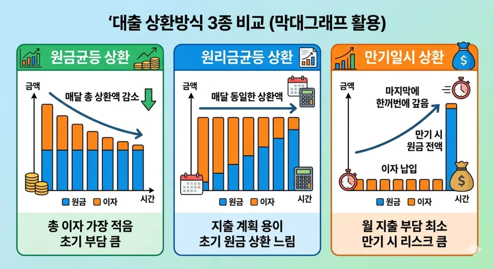 대출 상환 방식 2026: 원금 vs 원리금 vs 만기일시 총정리 2