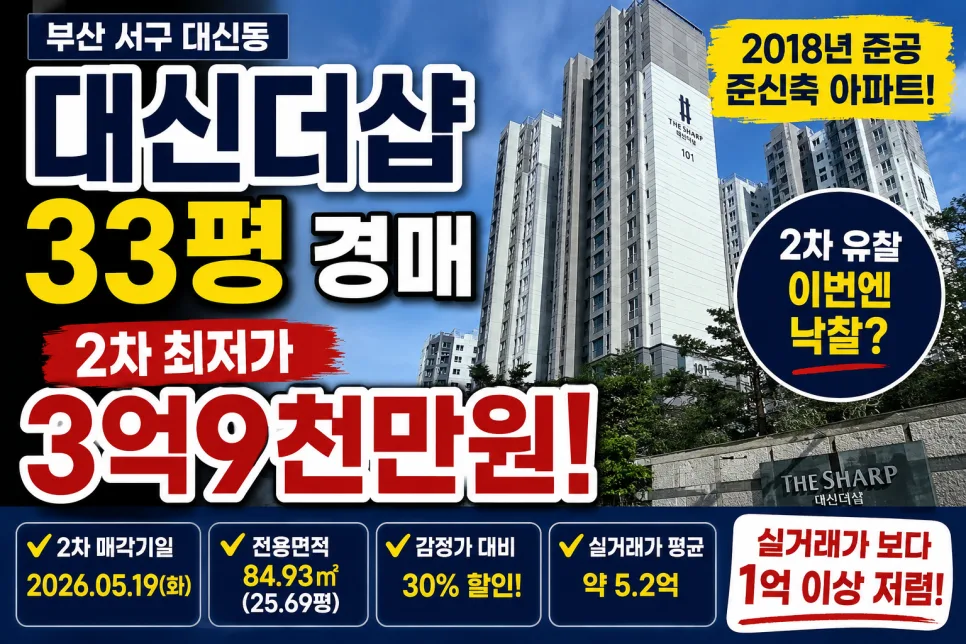 부산 대신더샵 아파트 경매, 2026년 5.6억 대비 3.9억 낙찰 가능할까?