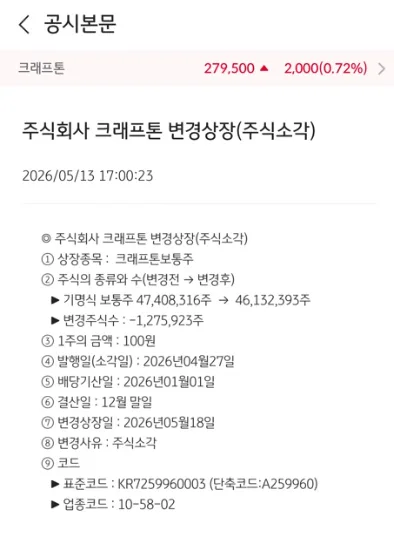 크래프톤 자사주 소각 2026: 127만 주 소각 의미와 변경 상장일 — 비즈니스·경제 — jean200067